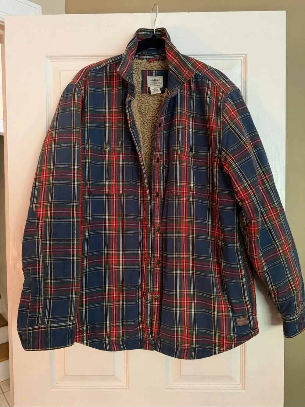 L.L. Bean Men's Navy and Red Plaid Sherpa-Lined Shirt Jacket